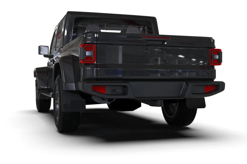 Rally Armor 19-24 Jeep JT Gladiator (Mojave/Rubicon) Black Mud Flap w/Metallic Black Logo - Side View
