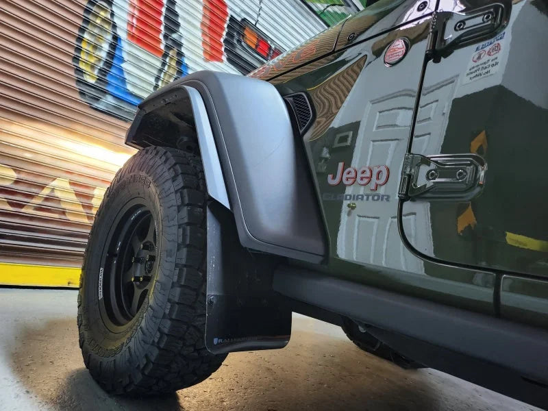 Rally Armor 19-24 Jeep JT Gladiator (Mojave/Rubicon) Black Mud Flap w/Metallic Black Logo - Back View