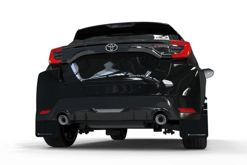 Rally Armor 20-25 Toyota GR Yaris Black Mud Flap w/White Logo - Back View
