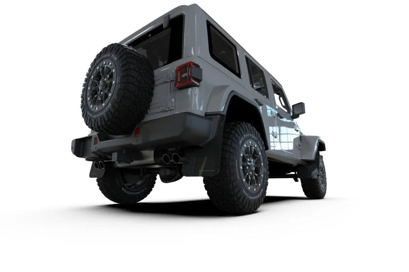 Rally Armor 2018+ Jeep Wrangler Rubicon JL Black UR Mud Flap w/ Red Logo - Installation View