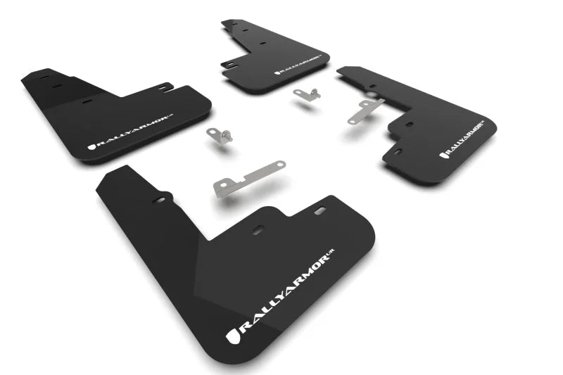 Rally Armor 21-25 Ford Mustang Mach-E/GT/Rally Black Mud Flap w/White Logo - Main Product View