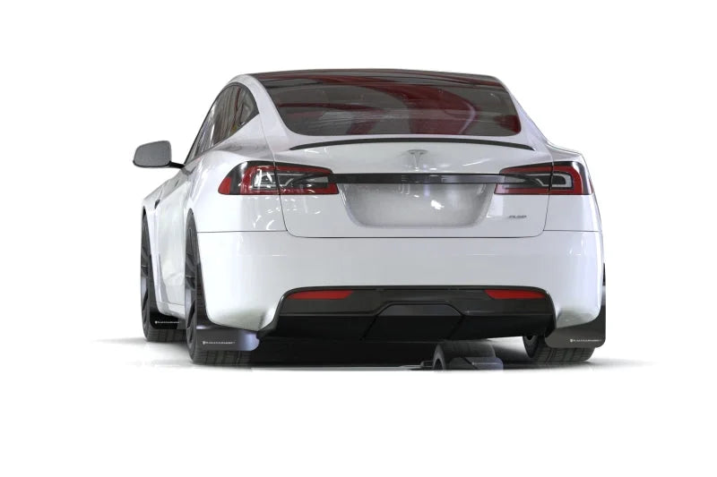 Rally Armor 21-25 Tesla Model S / S Plaid Black UR Mud Flap w/White Logo - Installation View