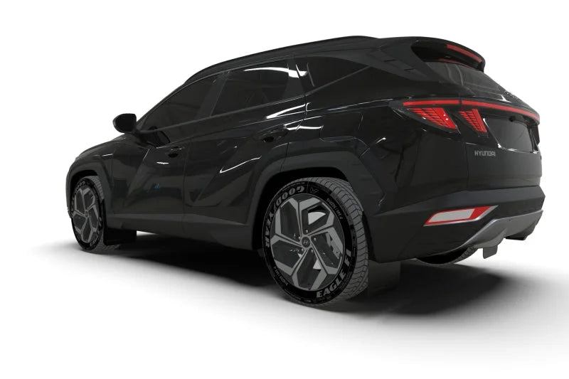 Rally Armor 22-24 Hyundai Tucson Black UR Mud Flap w/White Logo - Side View
