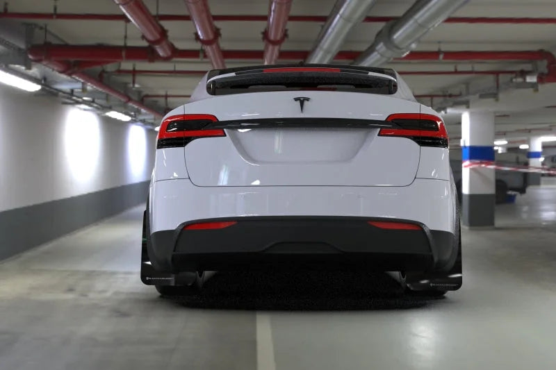 Rally Armor 22-26 Tesla Model X Black UR Mud Flap w/White Logo - Installation View