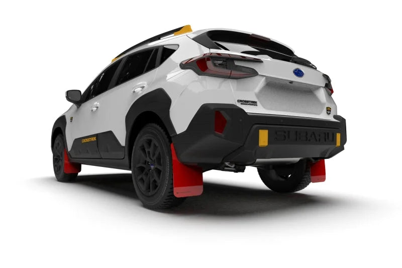 Rally Armor 24-25 Subaru Crosstrek (Wilderness Only) Red UR Mud Flap W/Black Logo - No Drilling Req - Side View