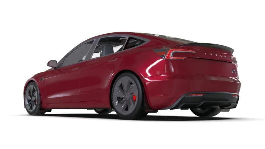 Rally Armor 24-25 Tesla Model 3 Highland Black UR Mud Flap White Logo - Side View
