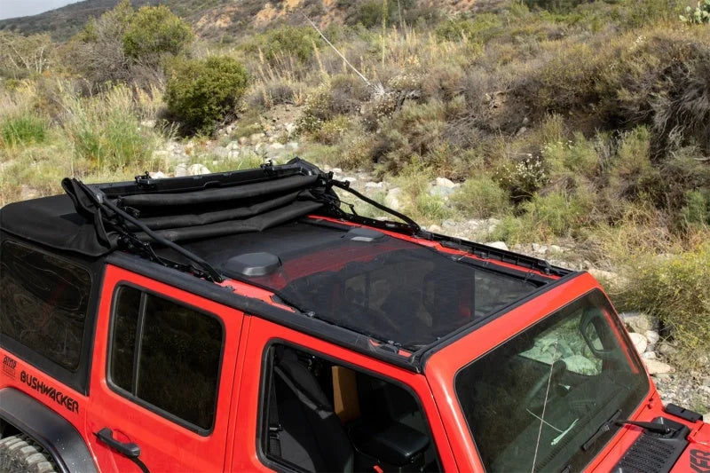 Rampage 2018-2019 Jeep Wrangler(JL) Unlimited Sport 4-Door Mesh Shade Top - Extended - Black - Back View