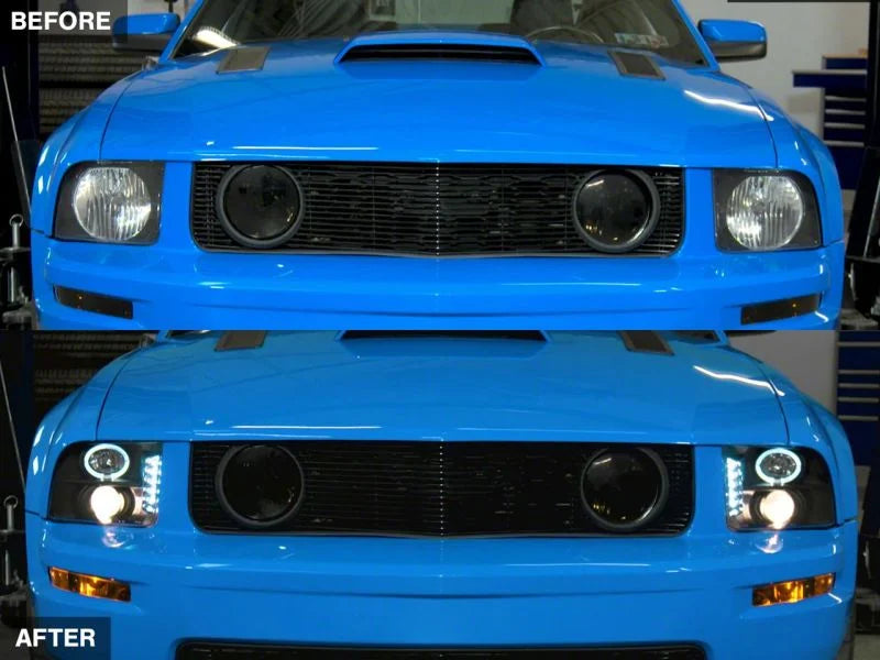 Raxiom 05-09 Ford Mustang Excluding GT500 LED Halo Projector Headlights- Blk Housing (Clear Lens) - Back View