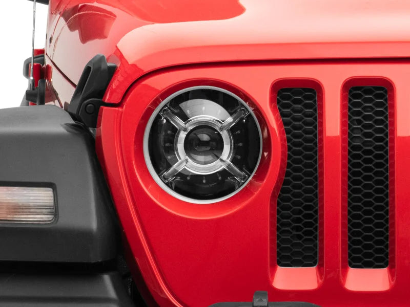 Raxiom 18-22 Jeep Wrangler JL/ JT 9-Inch LED Headlights w/ DRL and Halo- Black Housing (Clear Lens) - Installation View