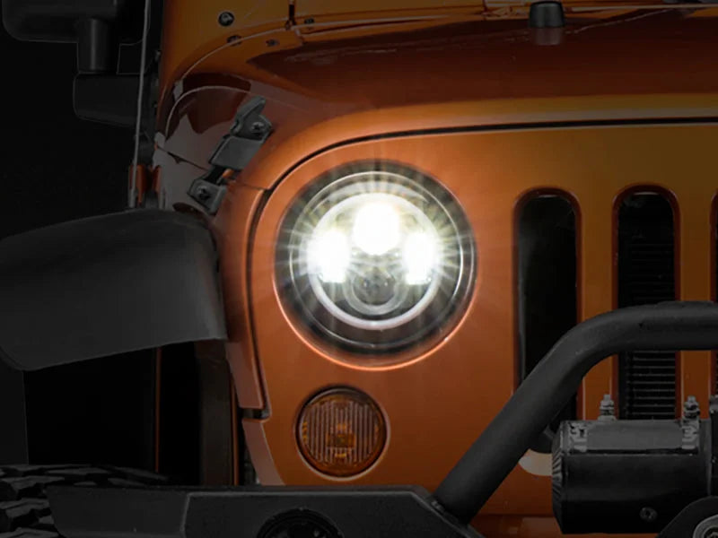 Raxiom 97-18 Jeep Wrangler TJ/JK Axial Halo Headlights w/ DRL Amber Signals- Blk Hsng (Clear Lens) - Main Product View