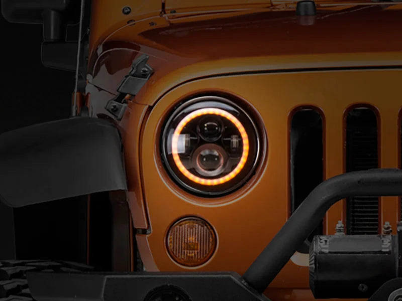 Raxiom 97-18 Jeep Wrangler TJ/JK Axial Halo Headlights w/ DRL Amber Signals- Blk Hsng (Clear Lens) - Side View
