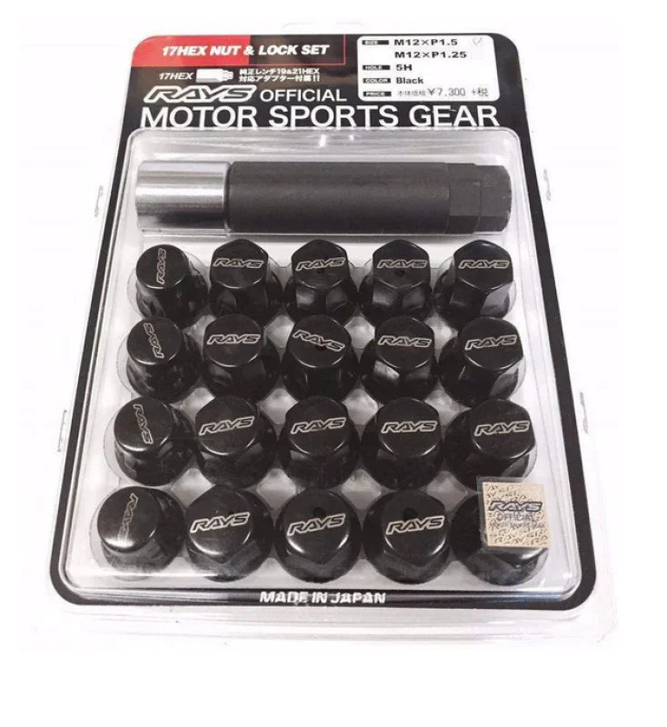 Rays M12x1.25 5 holes 16pcs nut, 4pcs Lock nut, 1 adapter & 1 lock nut key - Black - Detail View