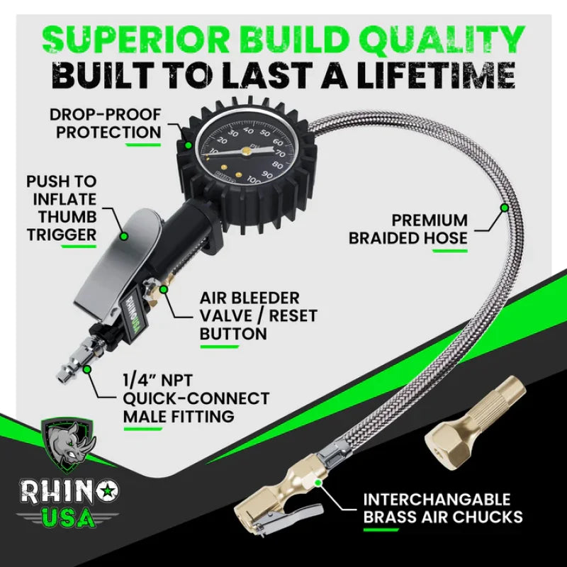 Rhino USA 100 Psi Analog Tire Inflator Gauge - Side View