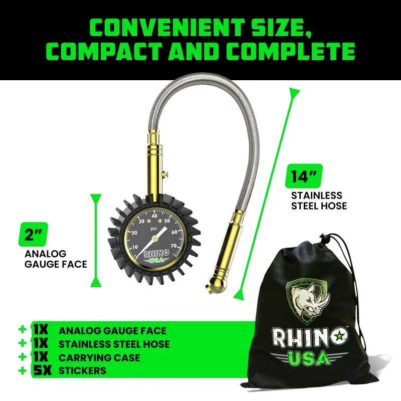 Rhino USA 75 Psi Analog Heavy Duty Tire Pressure Gauge - Side View