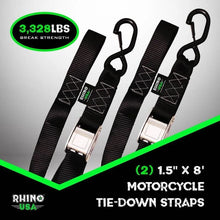 Load image into Gallery viewer, Rhino USA Cambuckle Motorcycle Tiedown Straps 2-Pack (Black) 1.5In X 8Ft - Back View
