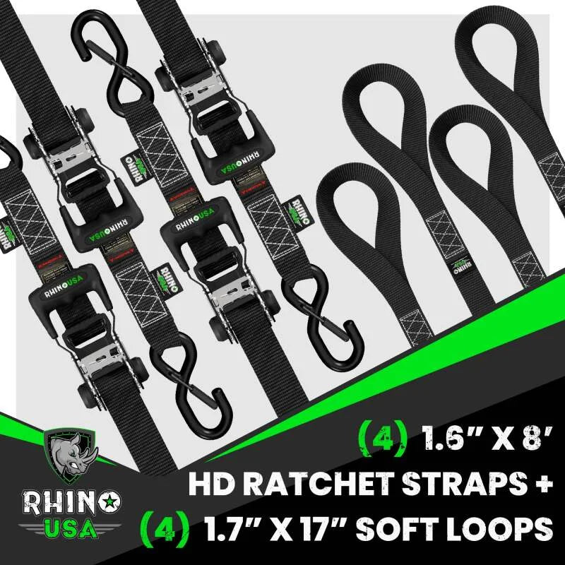Rhino USA Heavy Duty Ratchet Tie-Down 4-Pack (Black) 1.6In X 8Ft - Additional View 5