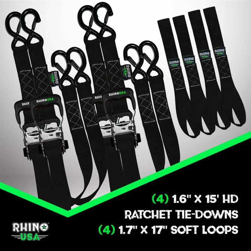 Rhino USA Heavy Duty Ratchet Tie-Down 4-Pack Black 1.6In X 15Ft - Back View