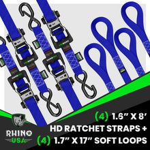 Load image into Gallery viewer, Rhino USA Heavy Duty Ratchet Tie-Down 4-Pack (Blue) 1.6In X 8Ft - Additional View 7