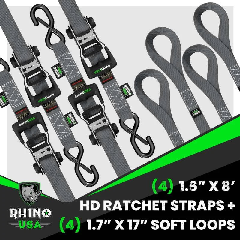 Rhino USA Heavy Duty Ratchet Tie-Down 4-Pack (Gray) 1.6In X 8Ft - Additional View 7