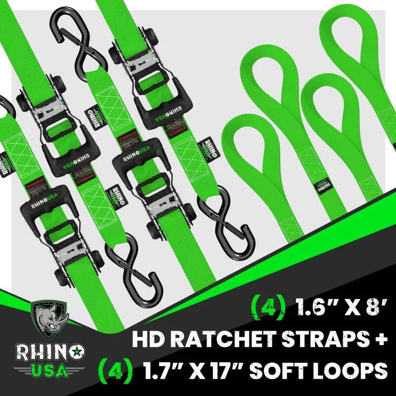 Rhino USA Heavy Duty Ratchet Tie-Down 4-Pack (Green) 1.6In X 8Ft - Additional View 6