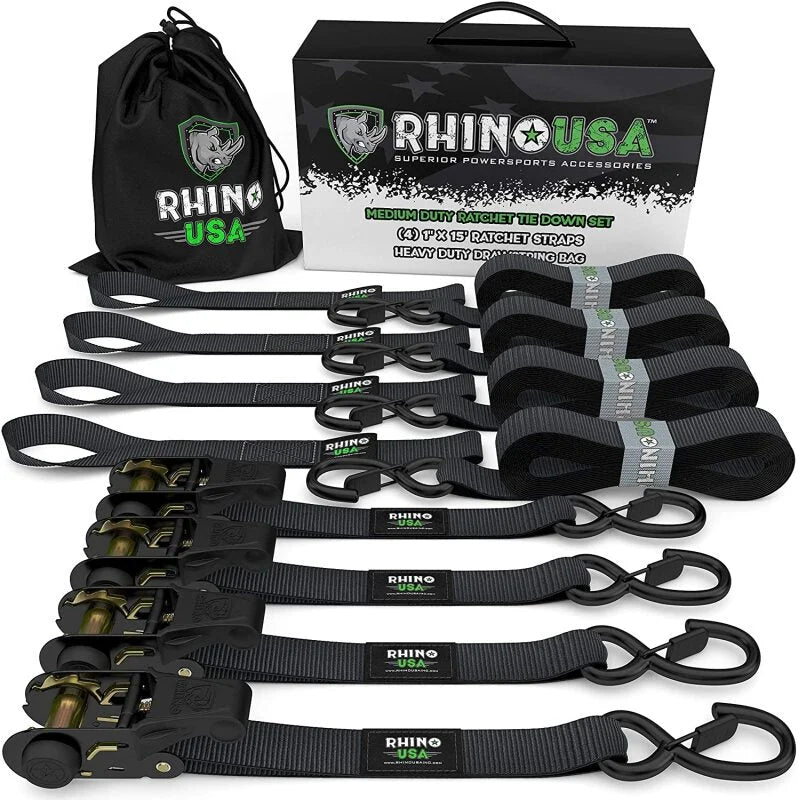 Rhino USA Medium Duty Ratchet Strap Tie-Down 4-Pack (Black) - Main Product View
