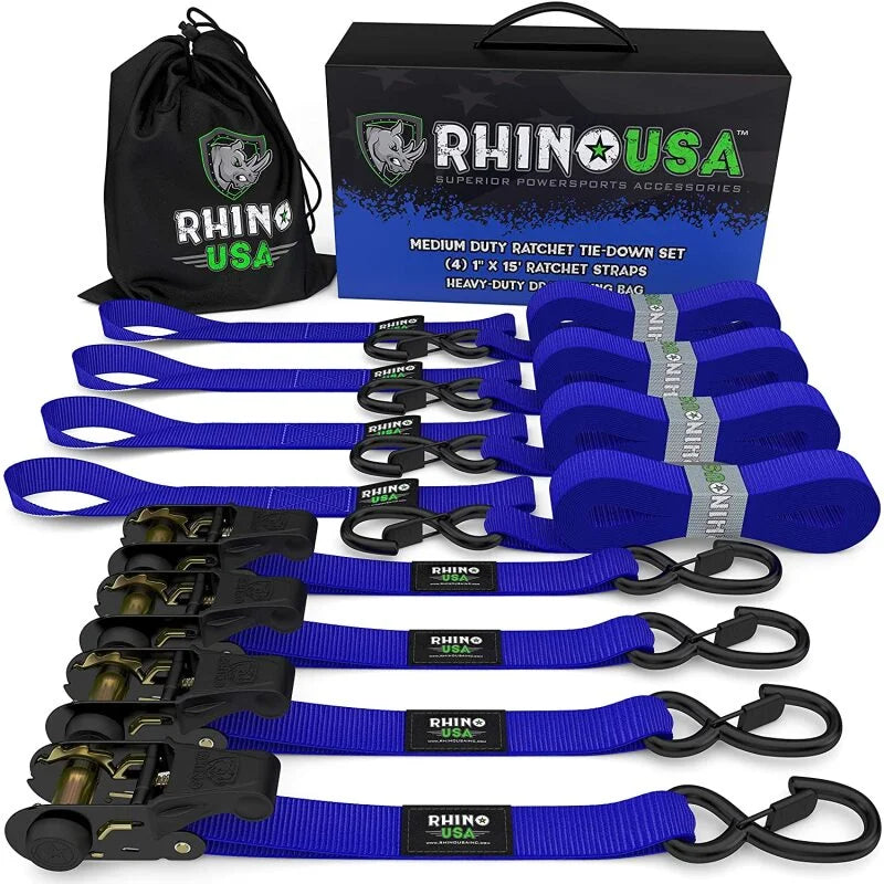 Rhino USA Medium Duty Ratchet Strap Tie-Down 4-Pack (Blue) - Main Product View