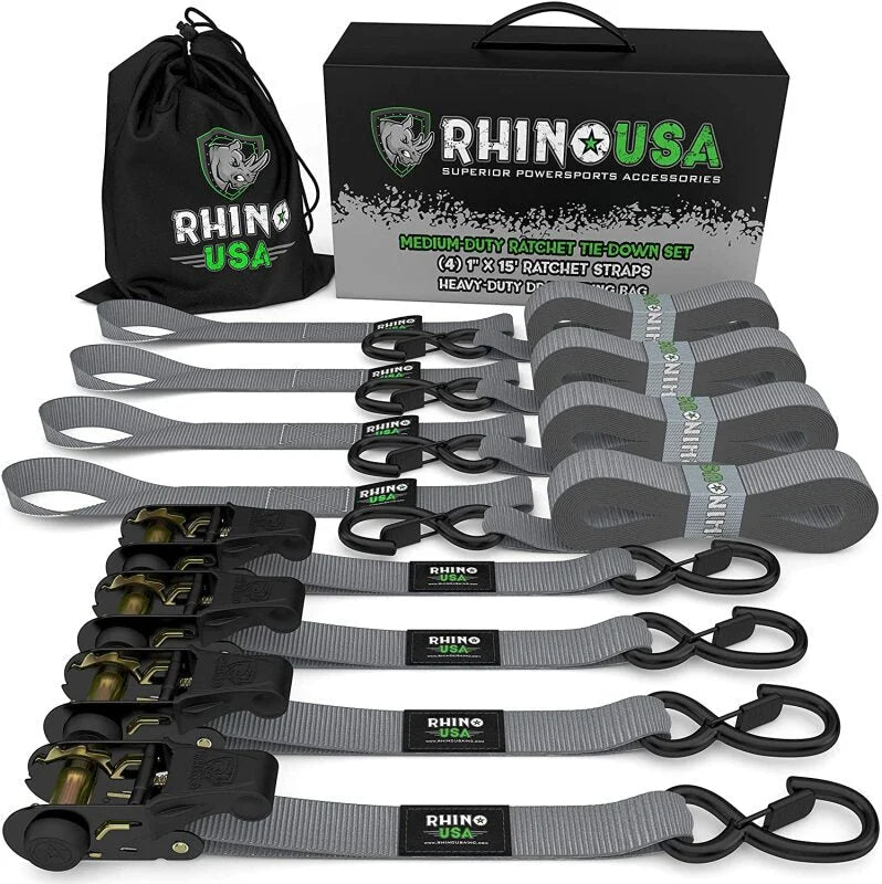 Rhino USA Medium Duty Ratchet Strap Tie-Down 4-Pack (Gray) - Main Product View