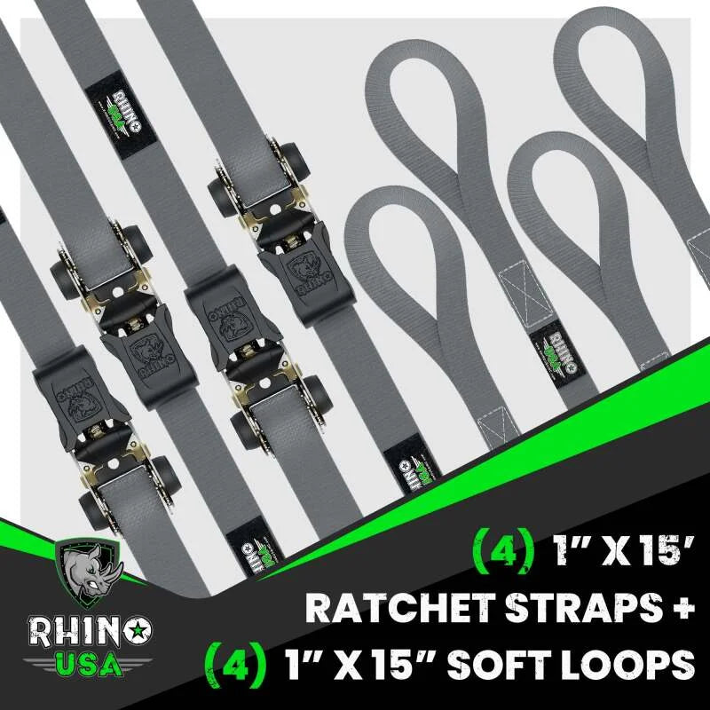 Rhino USA Medium Duty Ratchet Strap Tie-Down 4-Pack (Gray) - Back View