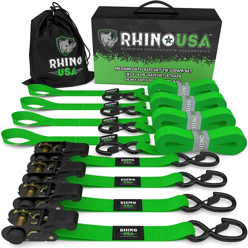Rhino USA Medium Duty Ratchet Strap Tie-Down 4-Pack (Green) - Main Product View