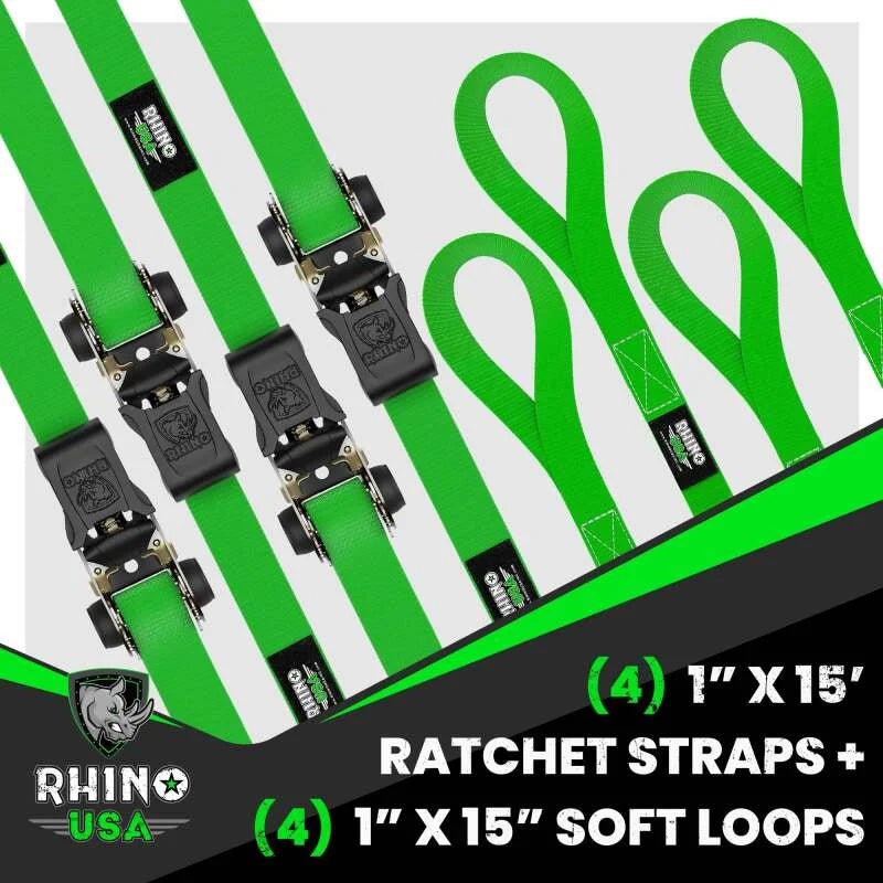 Rhino USA Medium Duty Ratchet Strap Tie-Down 4-Pack (Green) - Side View