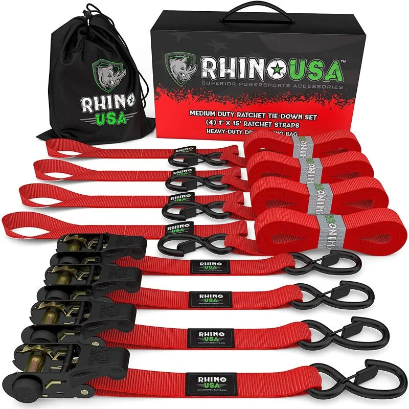 Rhino USA Medium Duty Ratchet Strap Tie-Down 4-Pack (Red) - Main Product View