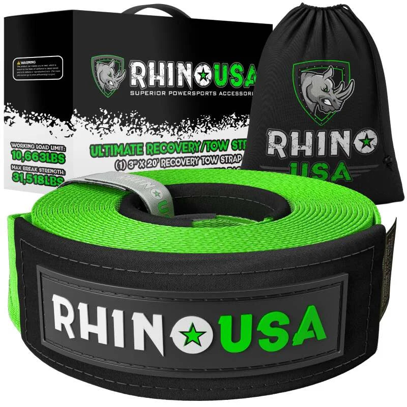 Rhino USA Recovery Tow Strap 3Inx20Ft (Green) - Main Product View
