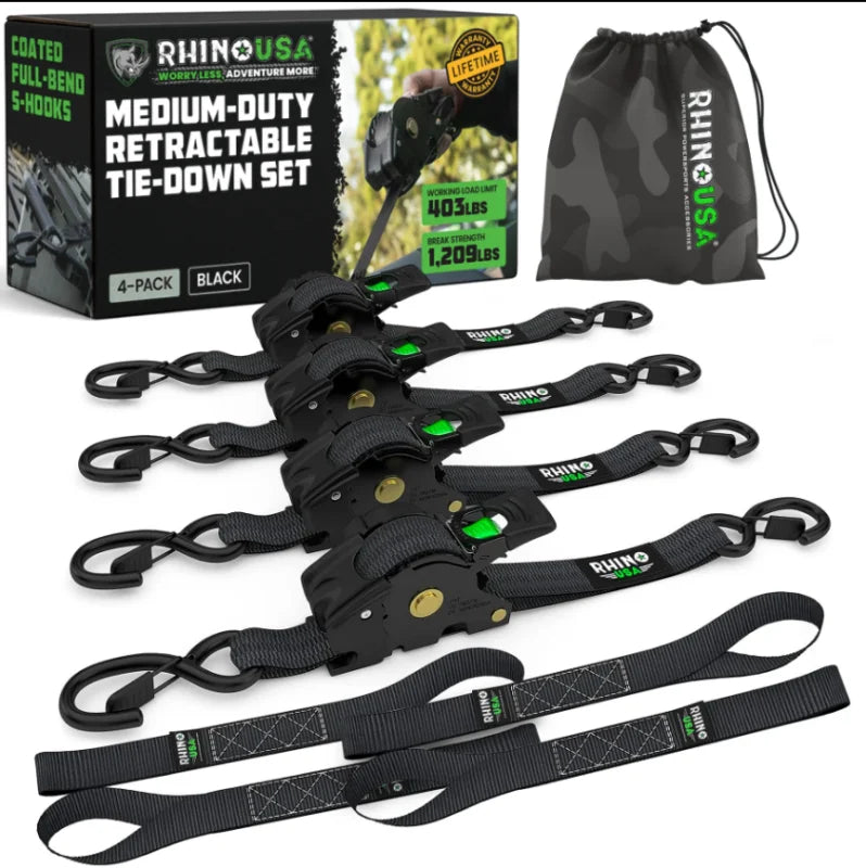 Rhino USA Retractable Ratchet Straps (2Pk 1Inx10Ft) Black