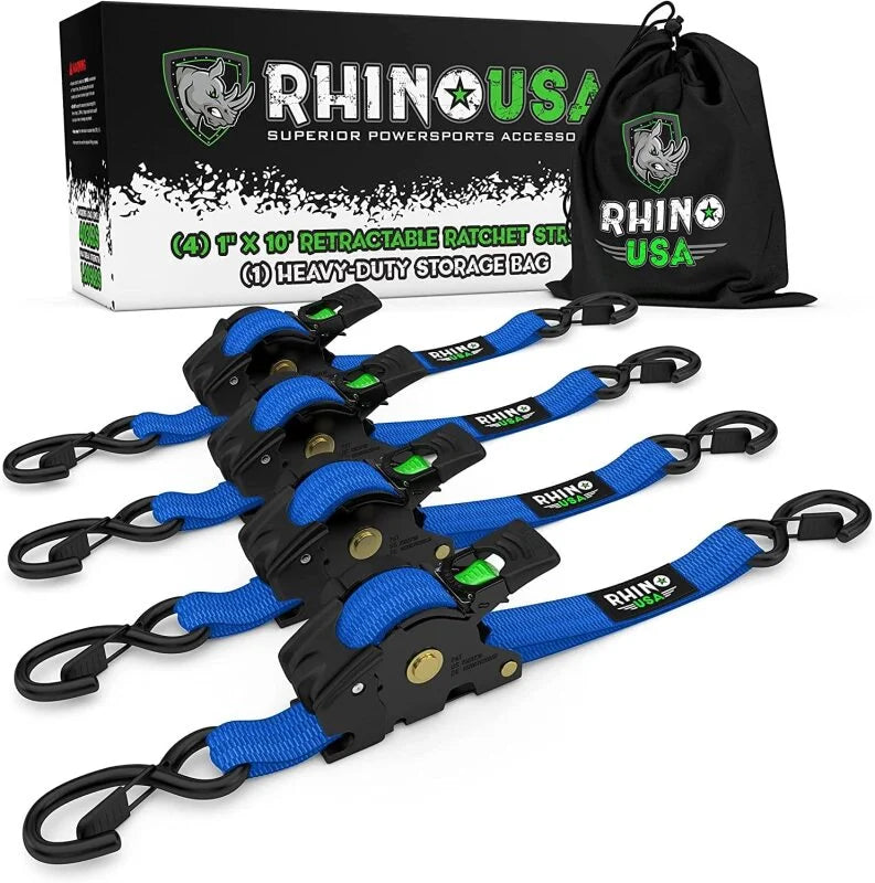 Rhino USA Retractable Ratchet Straps (4Pk 1Inx10Ft) (Blue) - Main Product View