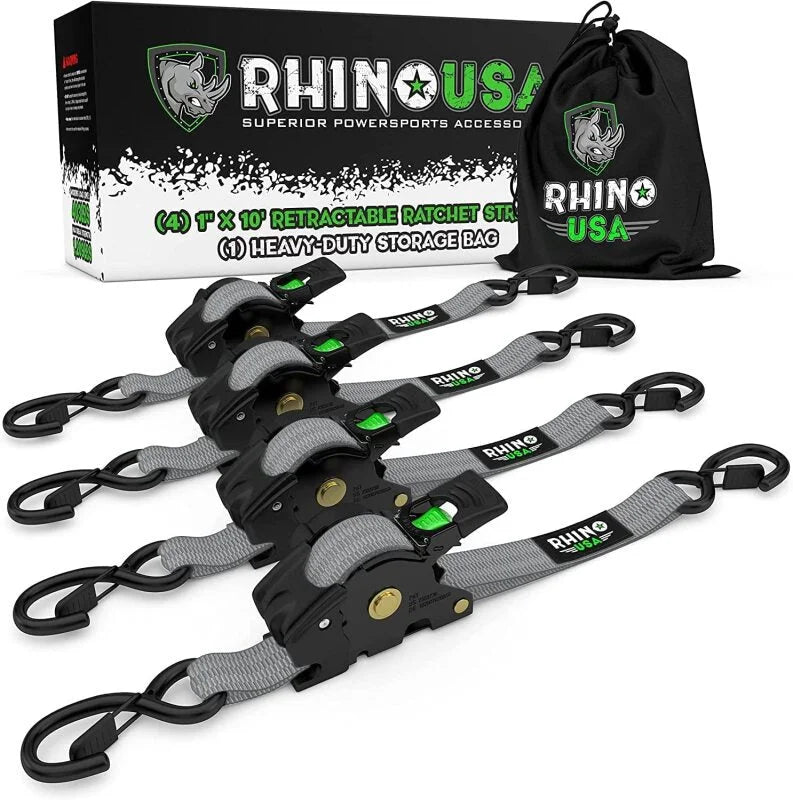 Rhino USA Retractable Ratchet Straps (4Pk 1Inx10Ft) (Gray) - Main Product View