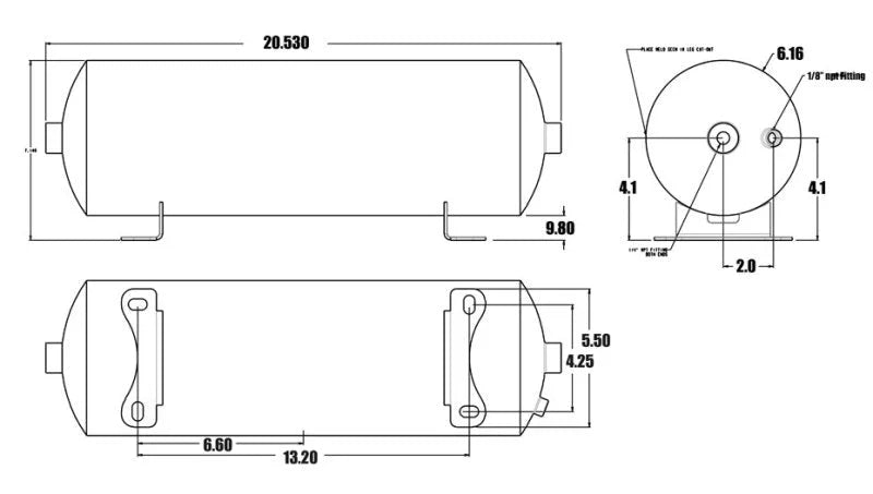 Ridetech Air Tank 2 Gallon Aluminum w/ 2- 1/4in Ports and 1- 1/8in Port - Side View