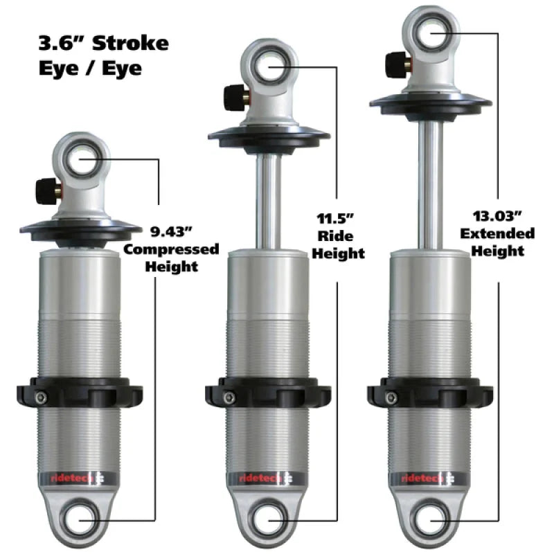 Ridetech HQ Series CoilOver Shock 3.6in Travel 2.5in Coil Eye/Eye Mounting 9.425inx13.025in - Side View