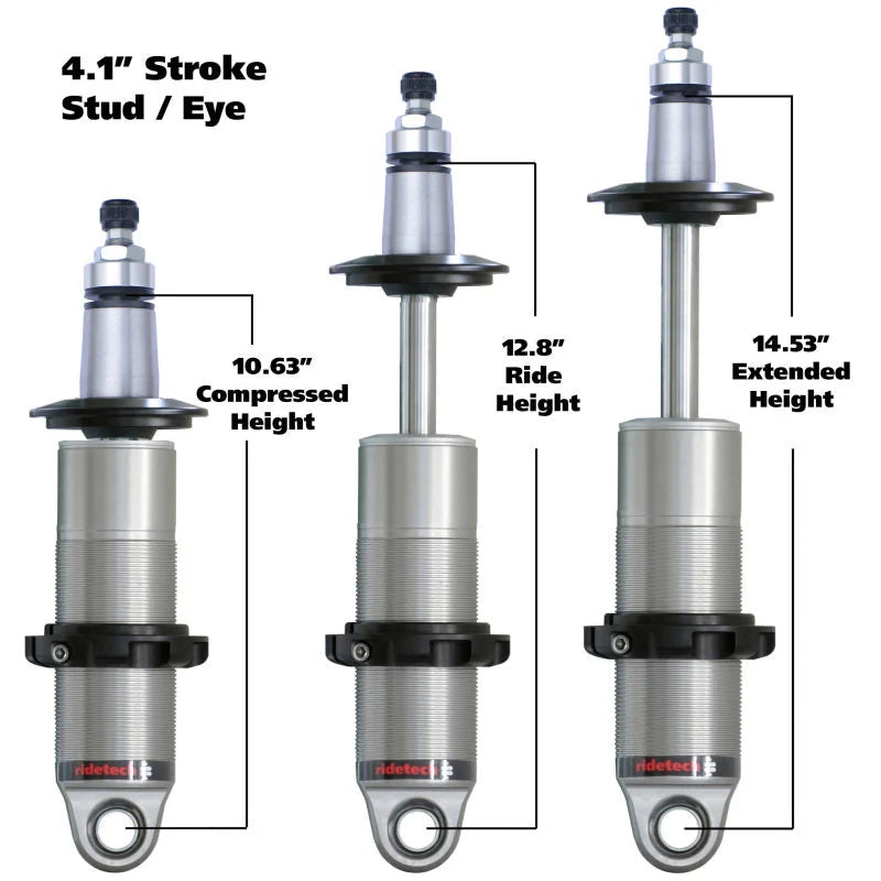 Ridetech HQ Series CoilOver Shock 4.1in Travel 2.5in Upper/Lower Bearing Mounts 10.5in/14.6in - Side View