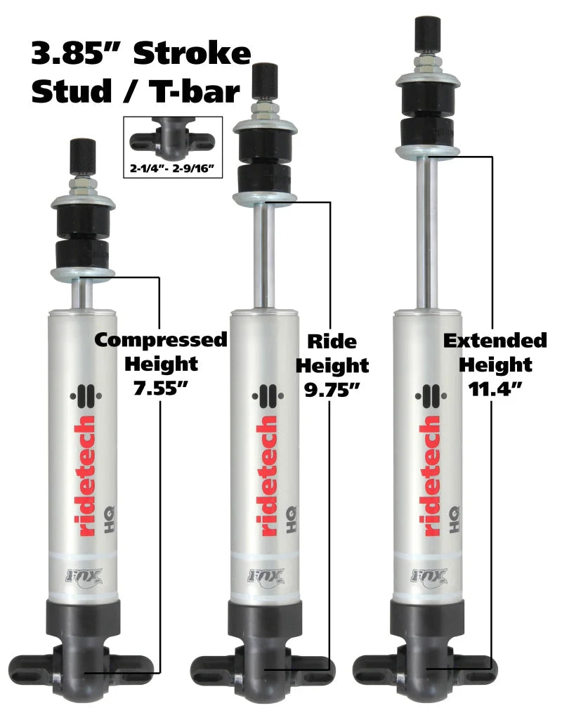 Ridetech HQ Series Shock Absorber Fixed Valve 3.85 Stroke Narrow T-bar/Stud Mounting 7.55in x 11.4in - Side View