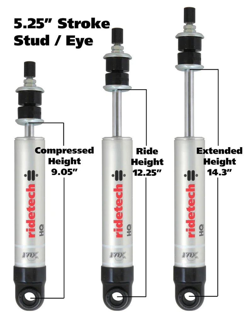 Ridetech HQ Series Shock Absorber Single Adjustable 5.25in Stroke Eye/Stud Mounting 9.05in x 14.3in - Side View
