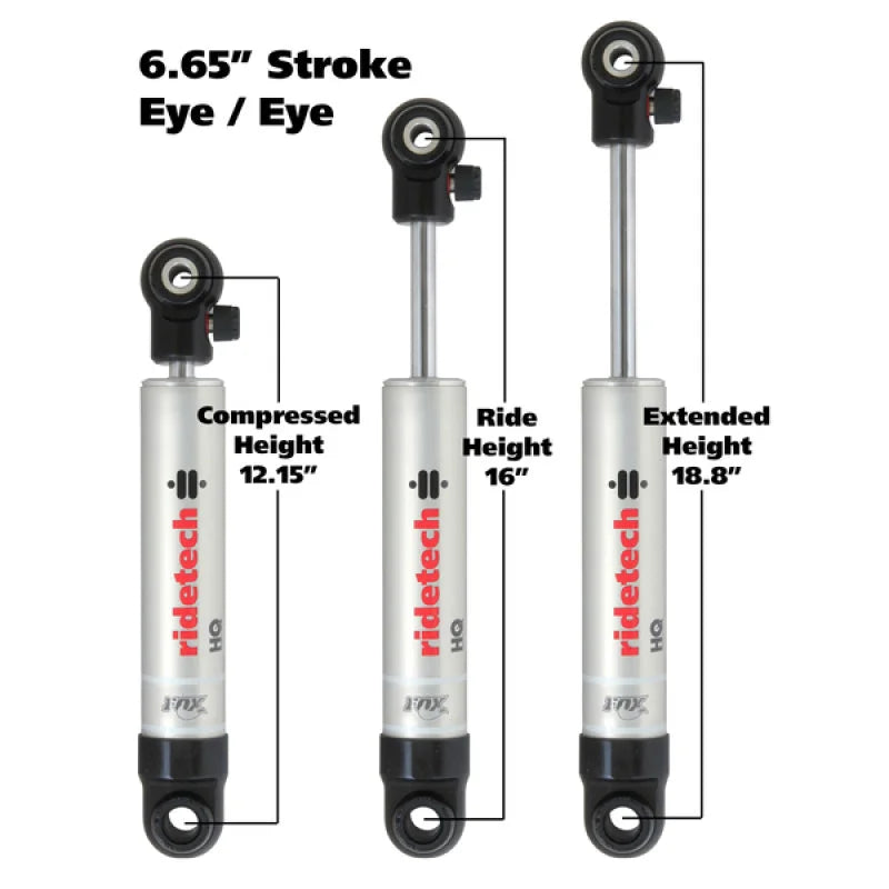 Ridetech HQ Series Shock Absorber Single Adjustable 6.65in Stroke Eye/Eye Mounting 12.15in x 18.8in - Side View