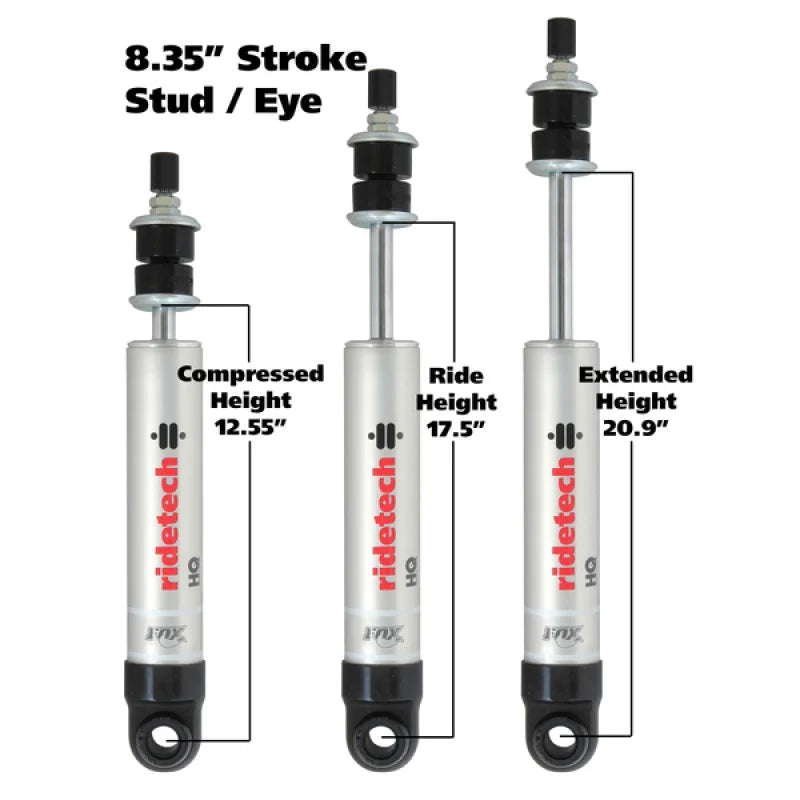 Ridetech HQ Series Shock Absorber Single Adjustable 8.35in Stroke Eye/Stud Mounting 12.55in x 20.9in - Side View
