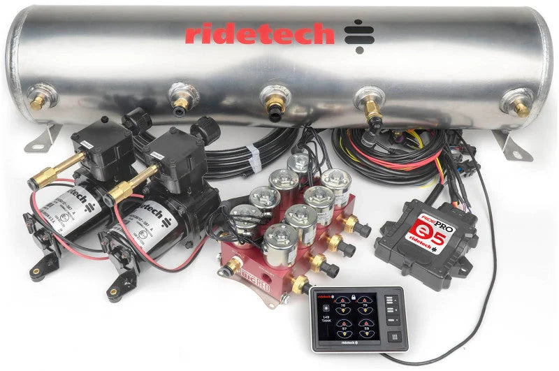 Ridetech RidePro E5 Air Ride Control System 5 Gal Dual Compressor High Flow Big Red 3/8in Valves - Side View