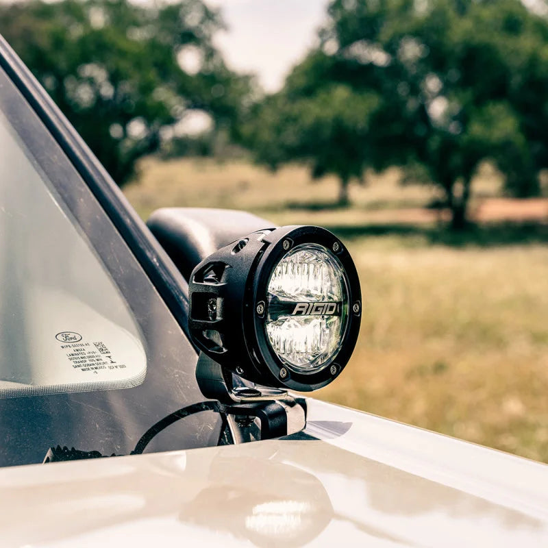 Rigid Industries 2021 Ford Bronco A-Pillar Light Mount Kit (Incl. 4In 360-Series Drive) - Installation View