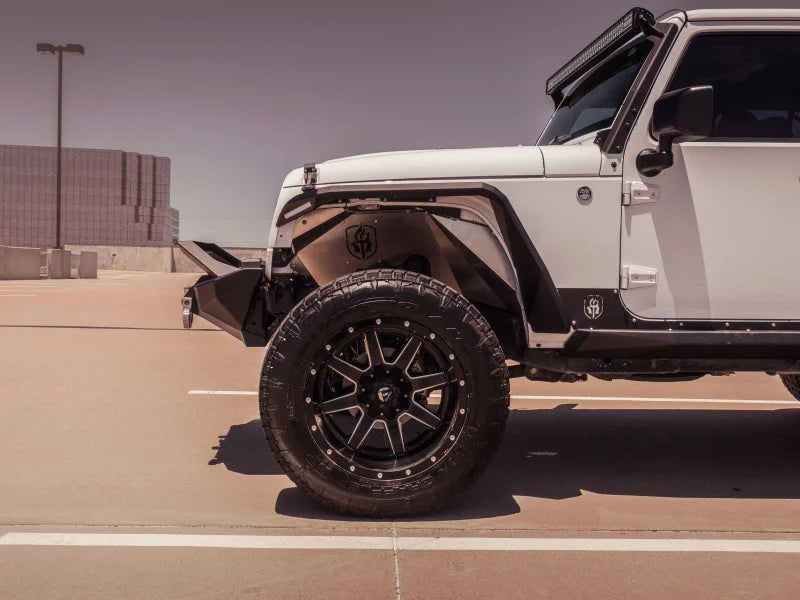 Road Armor 07-18 Jeep Wrangler JK Stealth Front Fender Flare Body Armor w/LED DRL - Tex Blk - Installation View