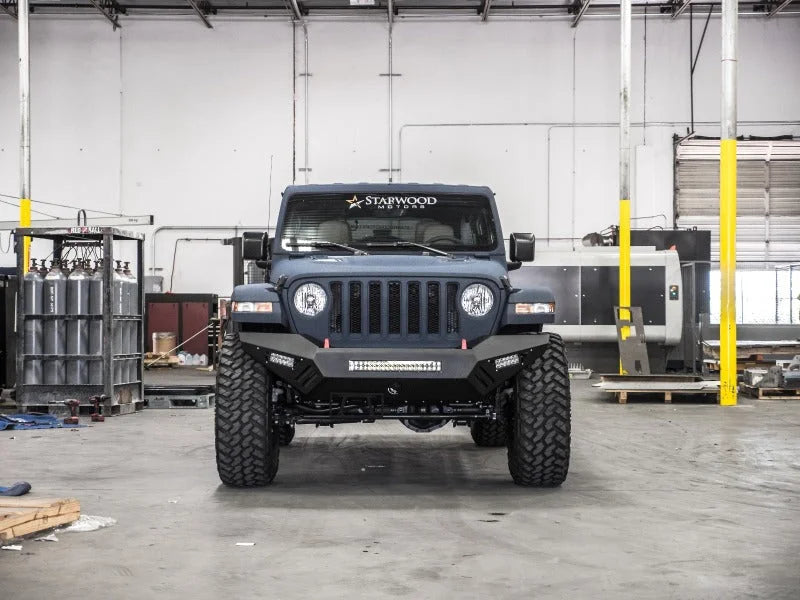 Road Armor 18-20 Jeep Wrangler JL SPARTAN Bolt-On Front Bumper Skid Plate Guard - Tex Blk - Installation View