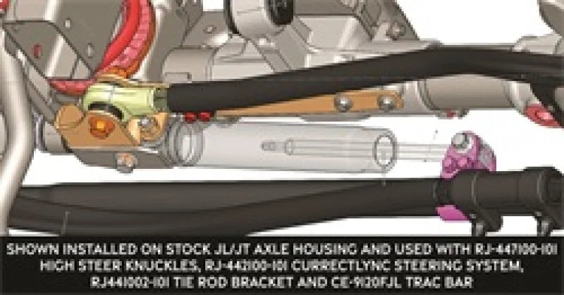 RockJock JL/JT Currectlync High Steer Trac Bar and Steering Stabilizer Shock Relocation Bracket - Side View