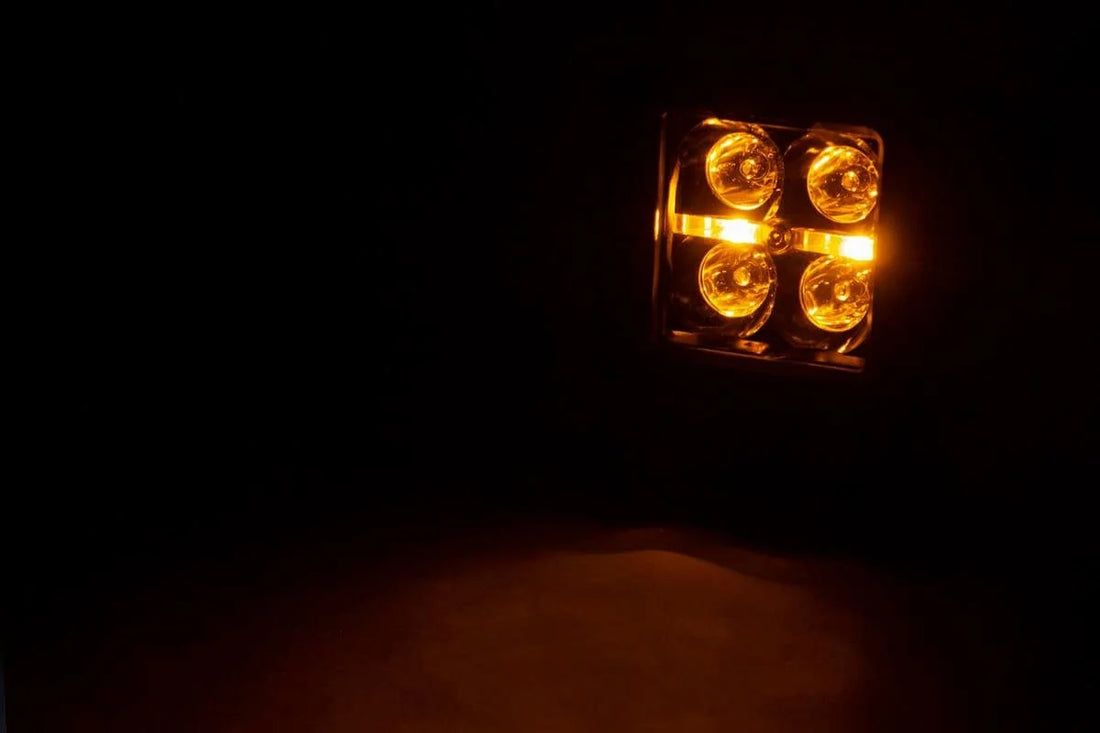 Rough Country 2 Inch Black Series LED Light Pods | Spot | Square |  Amber DRL 70903BLKDRLA - Side View