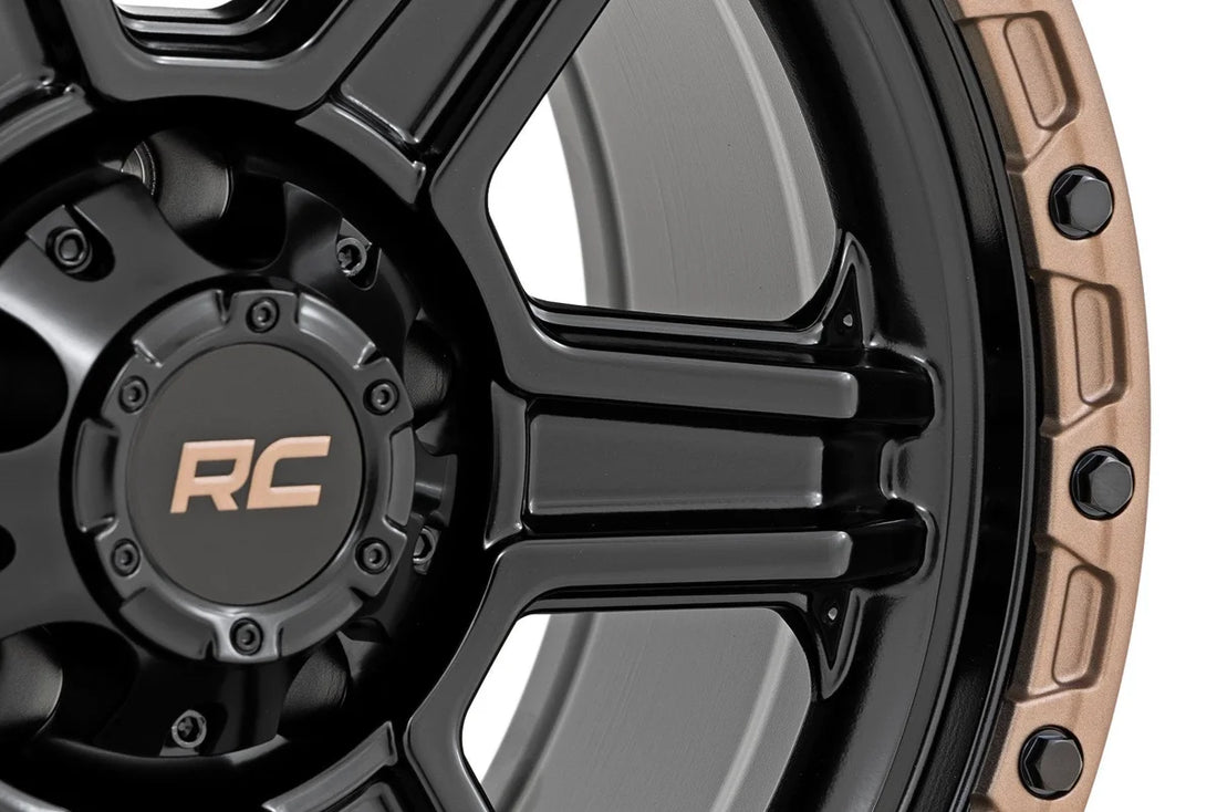 Rough Country 79 Series Wheel | One-Piece | Semi Gloss Black w/Bronze Ring | 18x9 | 6x135 | 0mm - Installation View