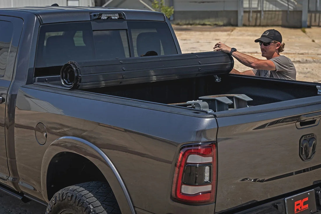 Rough Country Hard Roll Up Bed Cover | 6'4" Bed | Ram 1500 (09-18)/2500 (09-26) - Back View